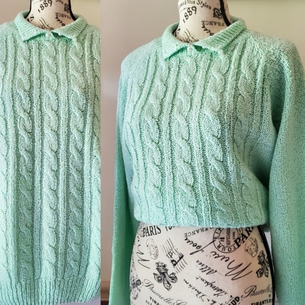Vintage Miranda Mint Collared Pearl Button Sweater